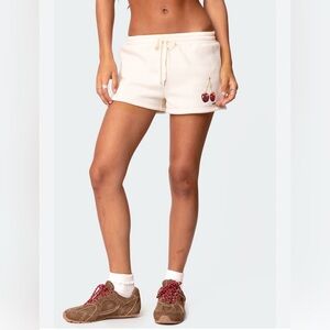 Edikted Mon Cheri Shorts Cream Cherry-Embroidered Drawstring medium. NWT